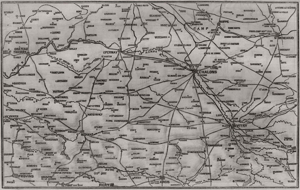 Champagne region sketch map. Chalons Marne area 1870 old antique chart